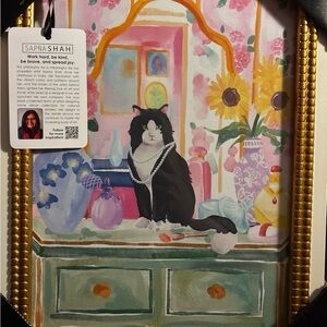 Sapna Shah Colorful Cat Art Print with Gold Frame